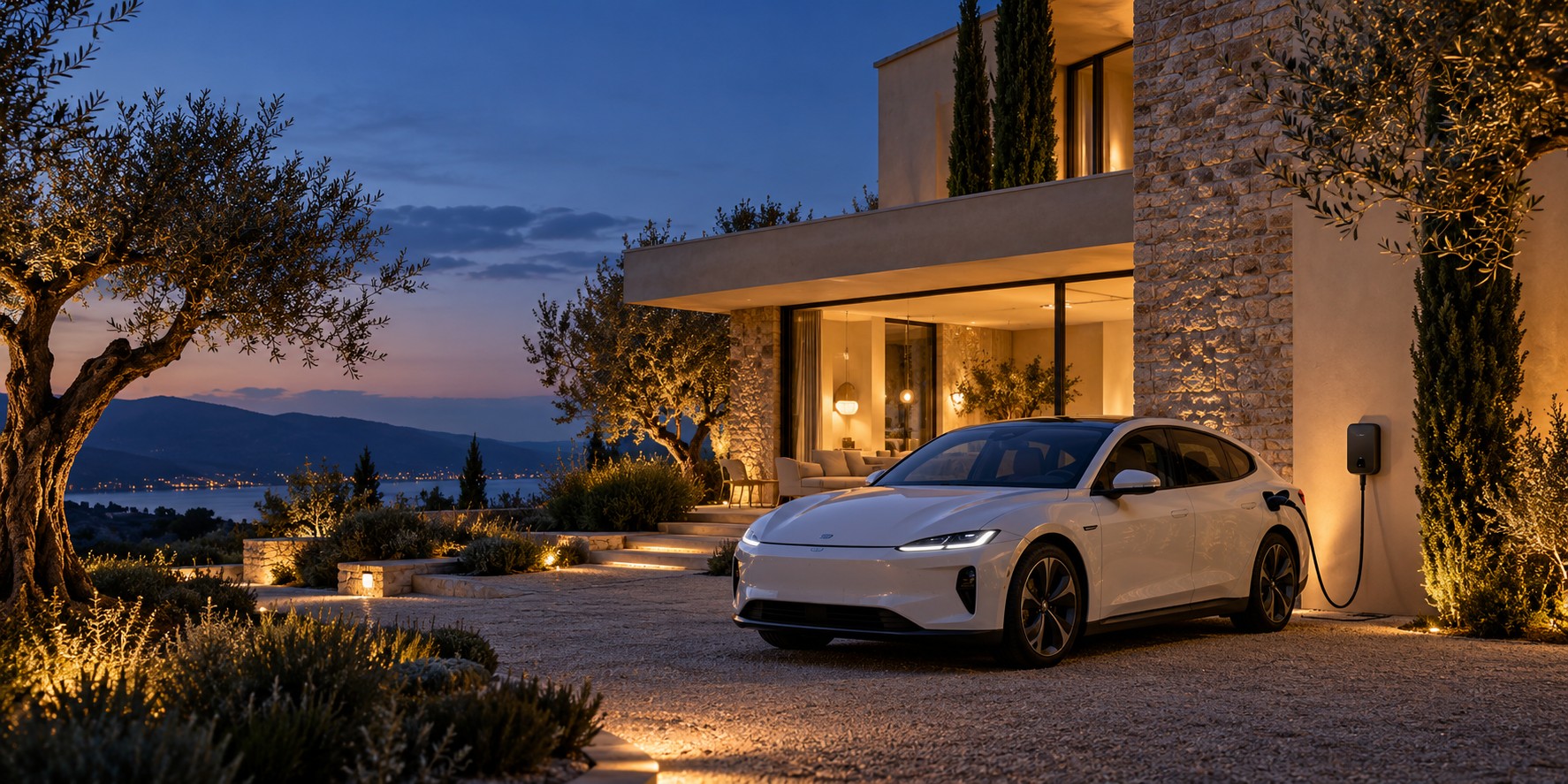 Auto elettrica collegata a una wallbox nel vialetto di una casa moderna