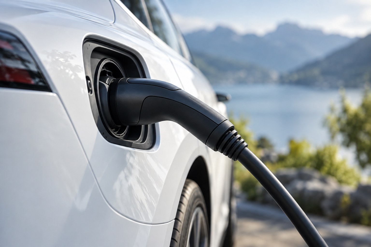 Dettaglio del connettore inserito nella presa di un’auto elettrica